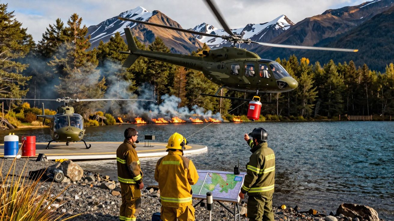 Helicóptero a combater incêndio florestal junto a lago, com três bombeiros a observar mapa.