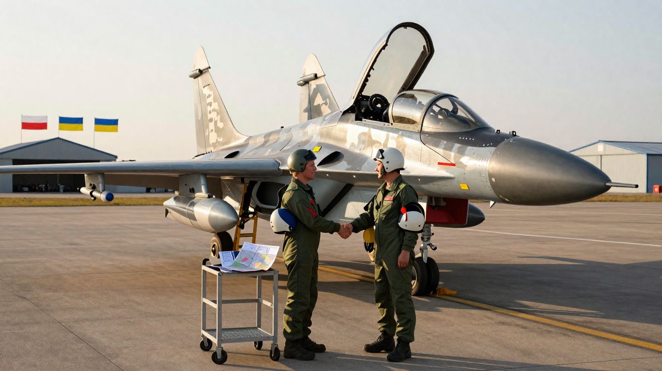 Dois pilotos militares cumprimentam-se ao lado de um caça num aeroporto com bandeiras ao fundo.