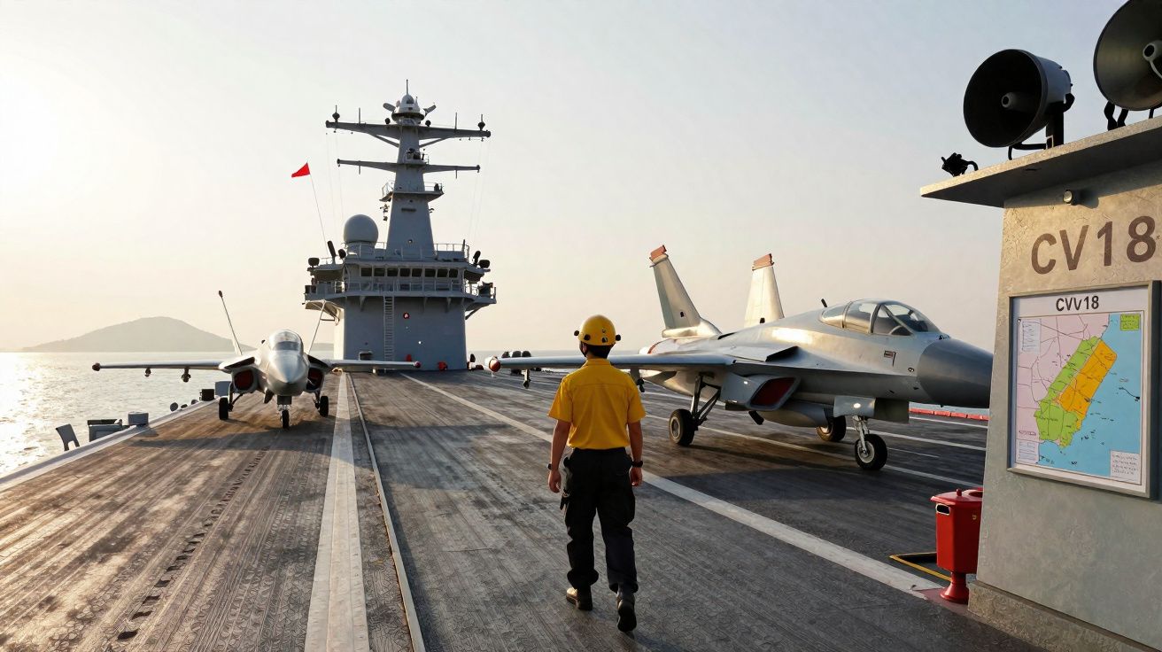Personagem de farda amarela no convés de porta-aviões com dois jatos estacionados ao amanhecer.