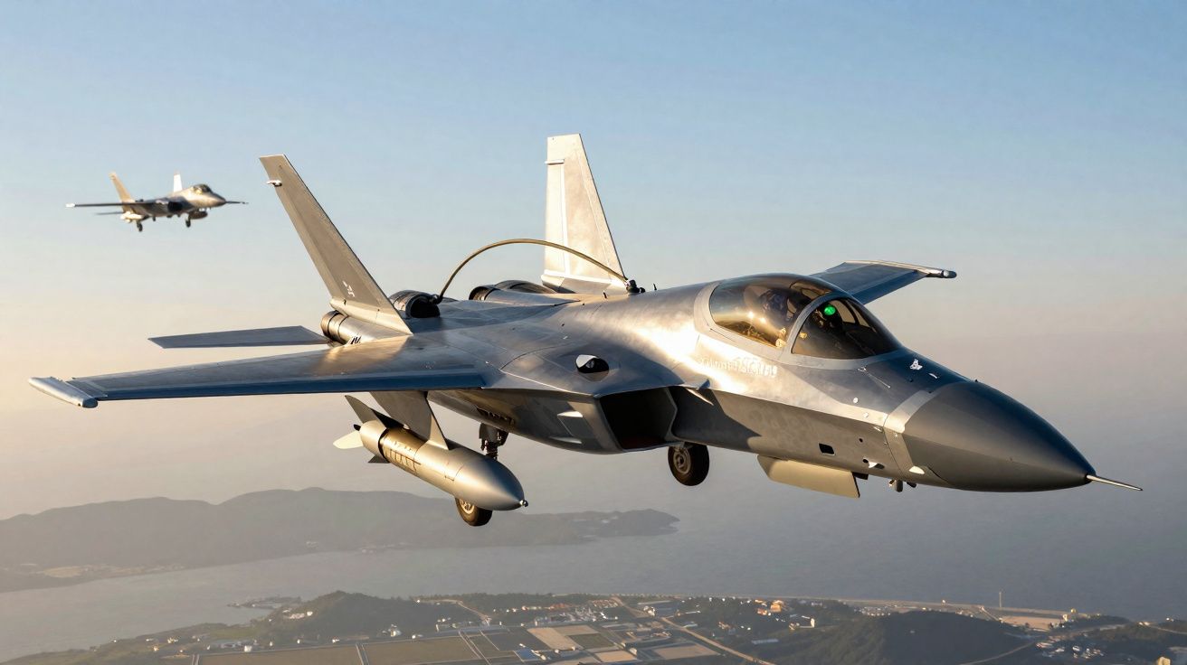 Dois caças militares a voar em formação sobre montanhas e zona costeira ao fim da tarde.