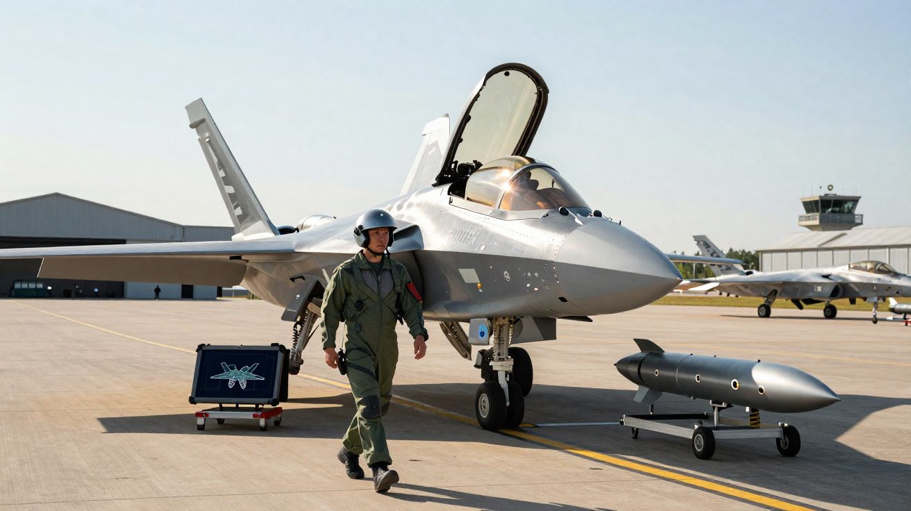 Piloto militar a caminhar junto a um caça estacionado com a cabine aberta num aeroporto militar.