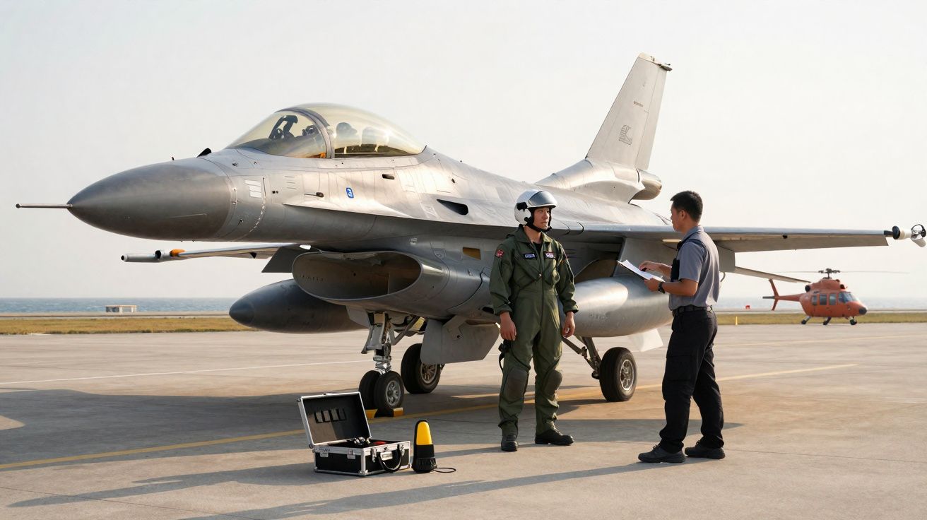 Caça militar estacionado com piloto e técnico em conversa na base aérea junto ao mar.