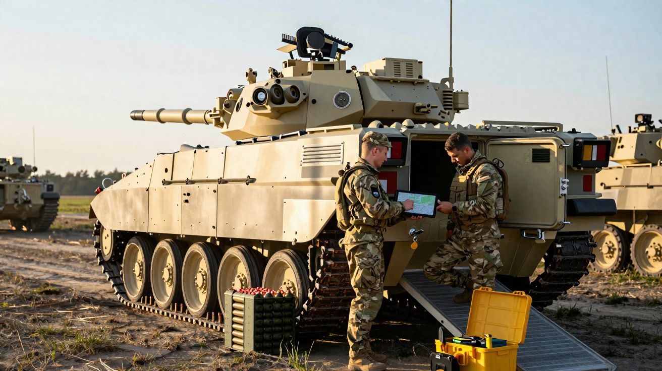 Dois soldados com uniforme militar ao lado de tanque blindado em terreno aberto durante o dia.