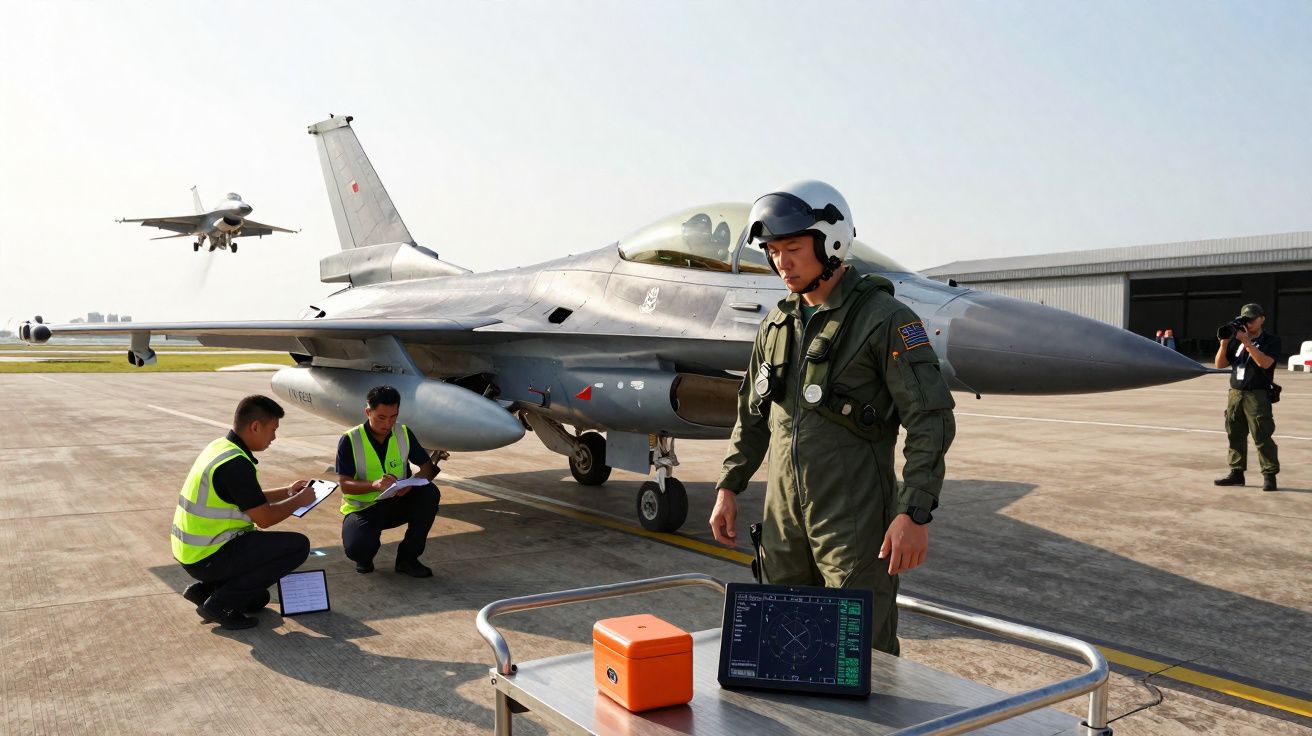Piloto e técnicos militares em pista com jato de combate estacionado em dia de operação aérea.