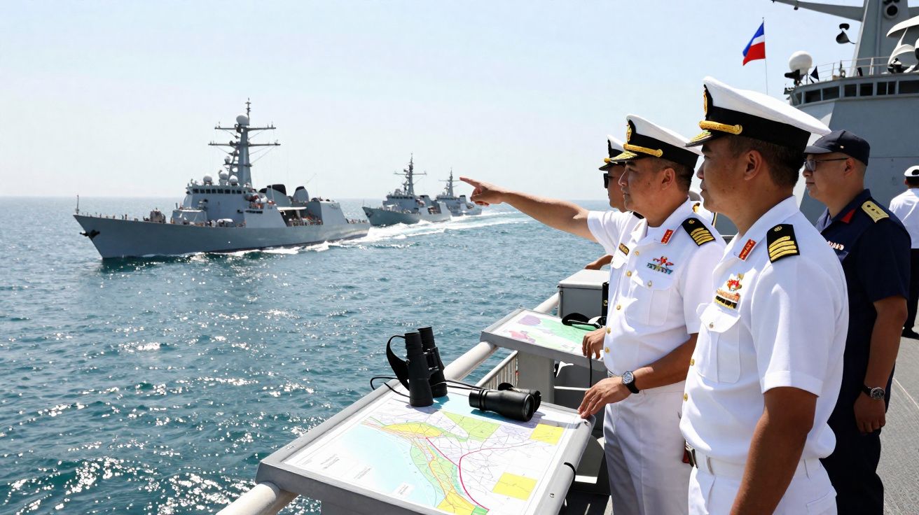 Oficiais navais em convés observam cruzadores de guerra em mar calmo durante missão naval.