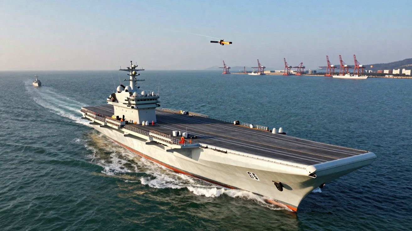 Porta-aviões a navegar perto do porto, com navios e guindastes visíveis ao fundo.