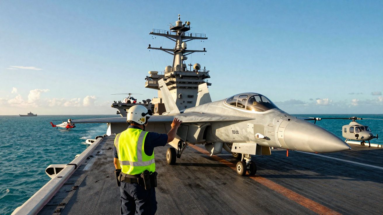 Homem com colete amarelo e capacete dirige jato militar em porta-aviões no mar com helicópteros ao fundo.