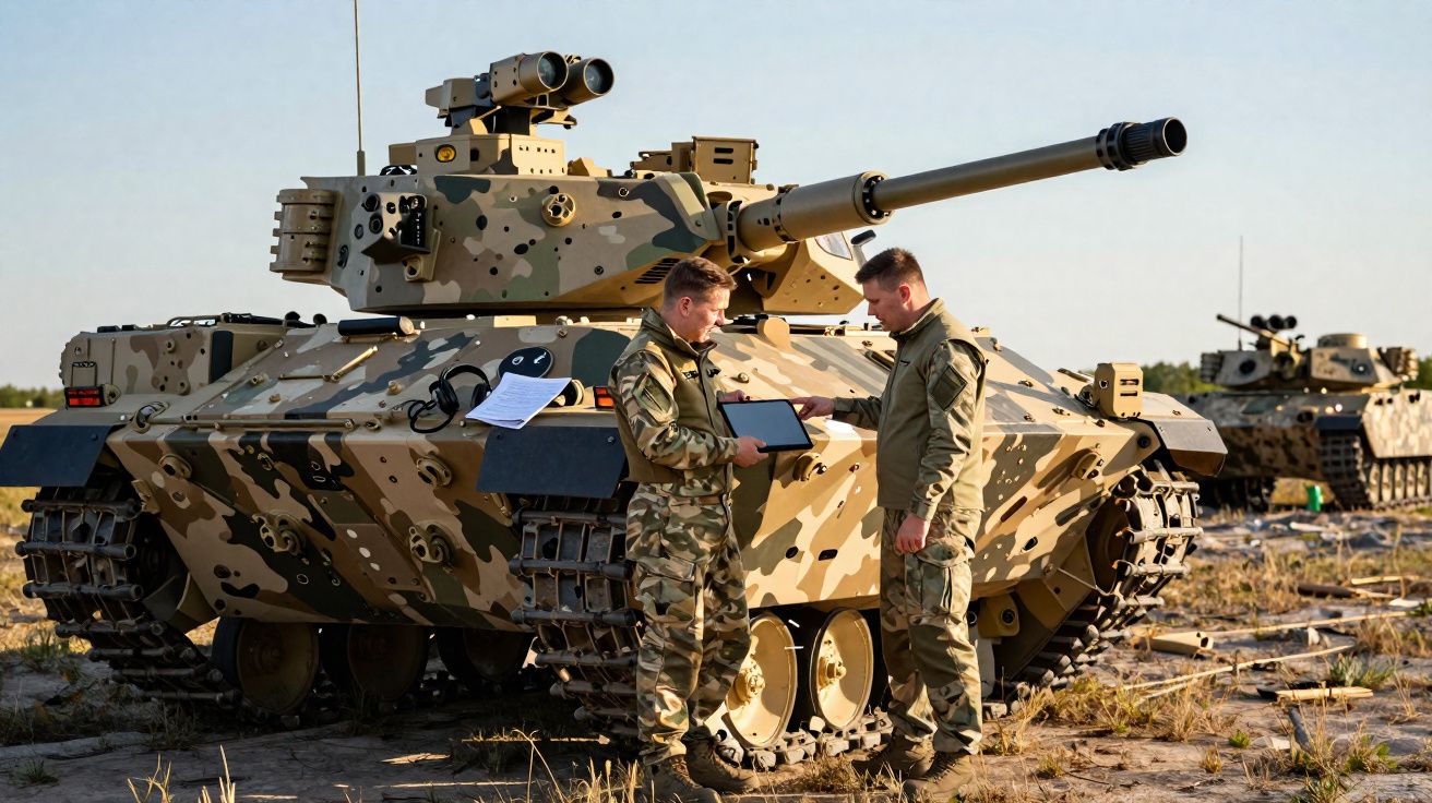 Dois soldados em uniforme camuflado consultam um tablet ao lado de um tanque de guerra em zona árida.