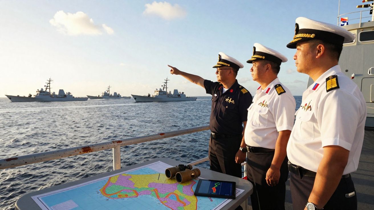 Três oficiais navais observam frotas de navios no mar, com mapa, binóculos e tablet numa mesa no convés.