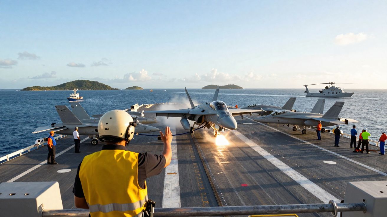Convoy de aviões militares em porta-aviões no mar com tripulação e barcos ao fundo.
