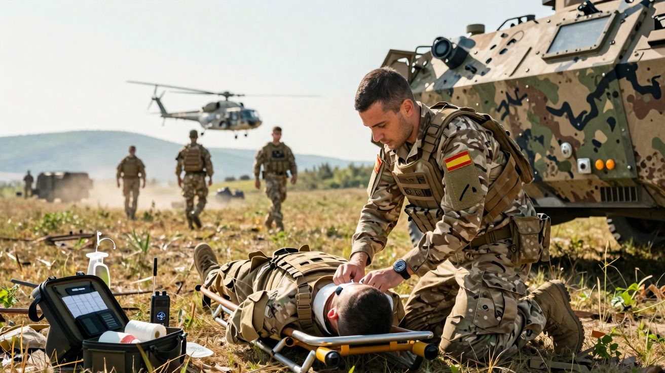 Soldado espanhol presta primeiros socorros a colega ferido no campo, com veículos militares e helicóptero ao fundo.