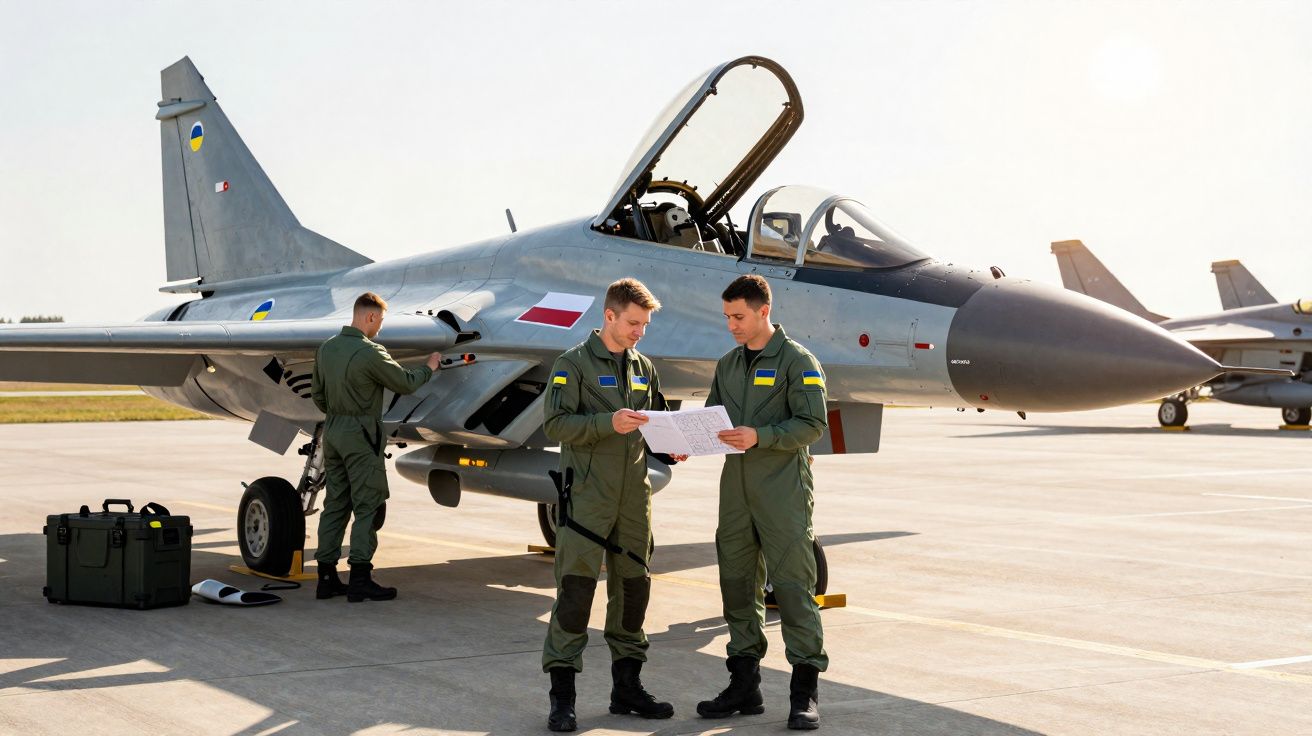 Três pilotos militares em farda verde inspecionam e consultam documentos junto a um caça num aeródromo.