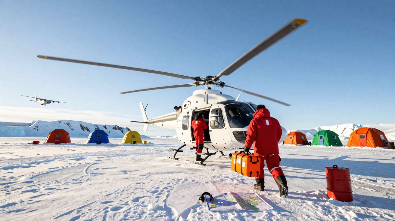 Helicóptero branco numa paisagem nevada com pessoas de fato vermelho e tendas coloridas ao fundo.