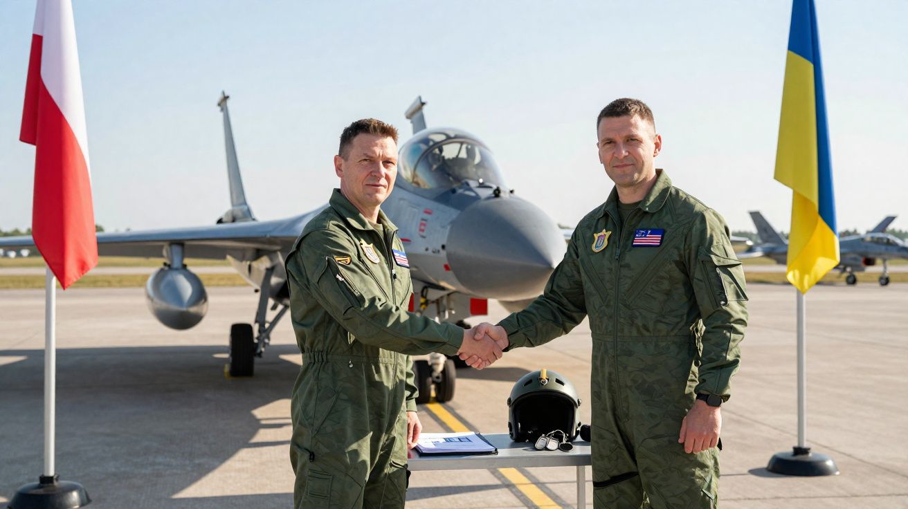 Dois pilotos militares de mãos dadas diante de um caça estacionado na pista, com bandeiras da Polónia e Ucrânia ao lado.