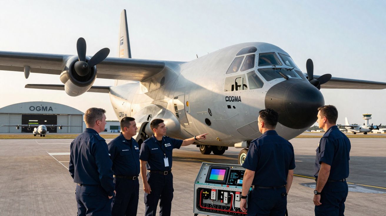 Cinco técnicos em uniforme azul em frente a avião de transporte OGMA em pista de aeroporto ao pôr do sol.
