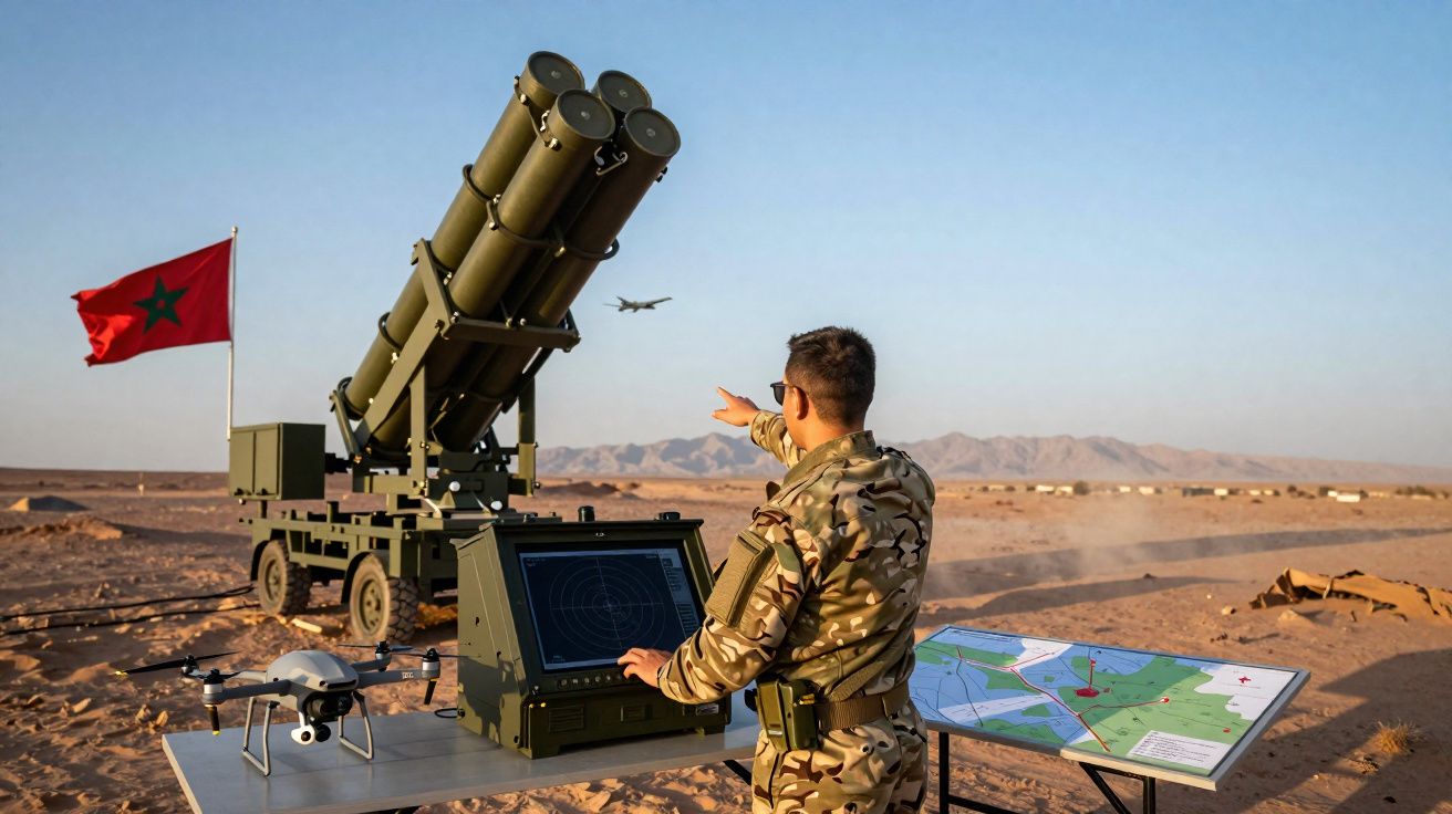 Soldado em uniforme camuflado opera sistema de defesa aérea com drone e radar em deserto, com bandeira do Marrocos ao fundo.