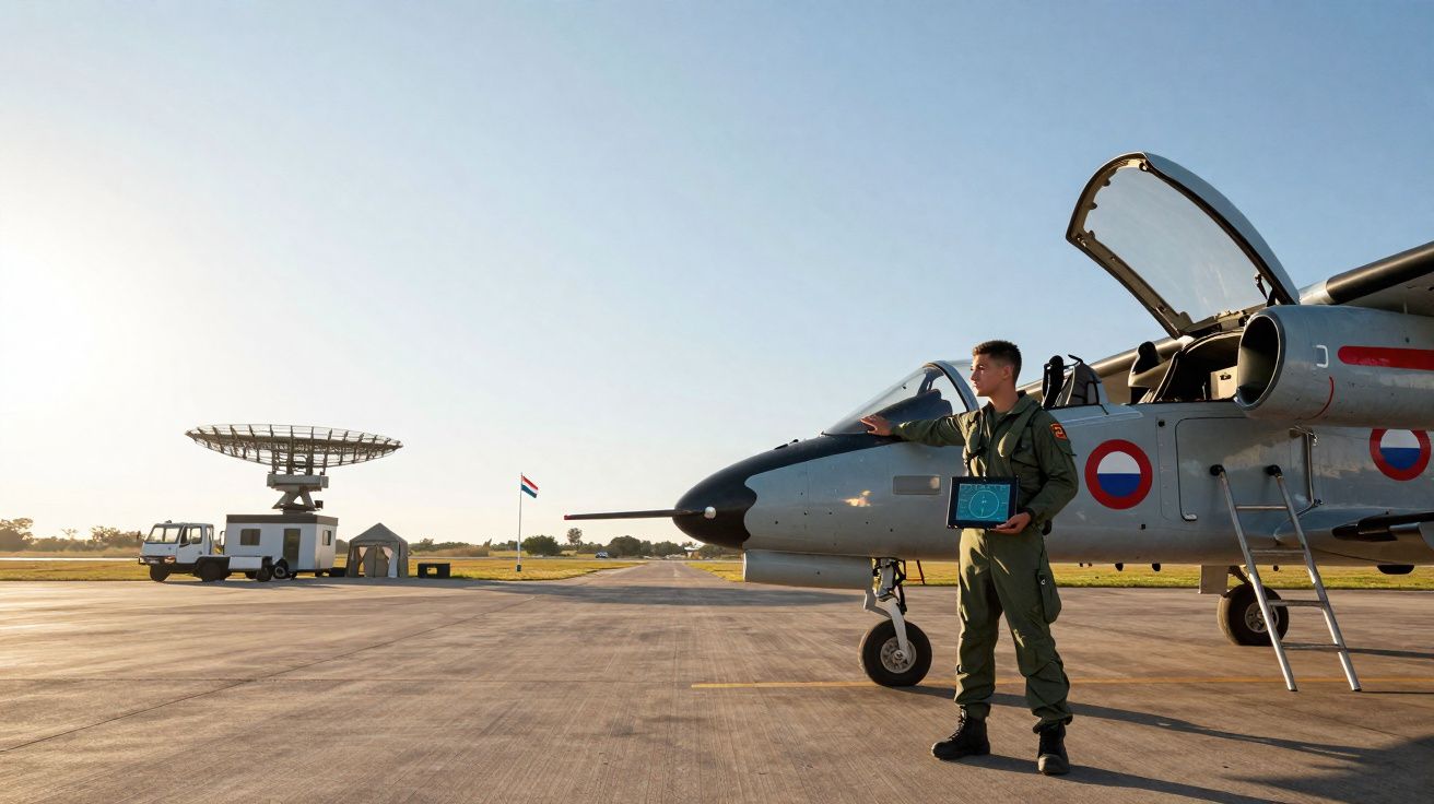 Militar em uniforme verde junto a avião militar cinzento numa pista de aeroporto ao amanhecer.