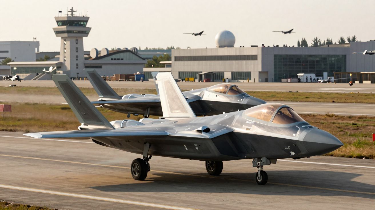 Dois caças stealth na pista de um aeroporto militar com edifícios e torre de controlo ao fundo.