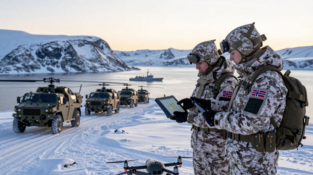 Dois soldados noruegueses em uniforme de inverno operam dispositivos eletrónicos na neve, com veículos militares e um helicóp