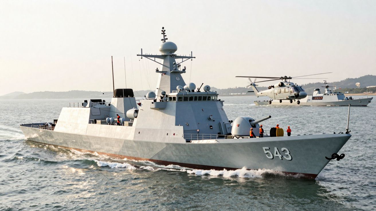Navio de guerra cinzento com o número 543 em mar calmo ao pôr do sol, com helicóptero e outro navio ao fundo.