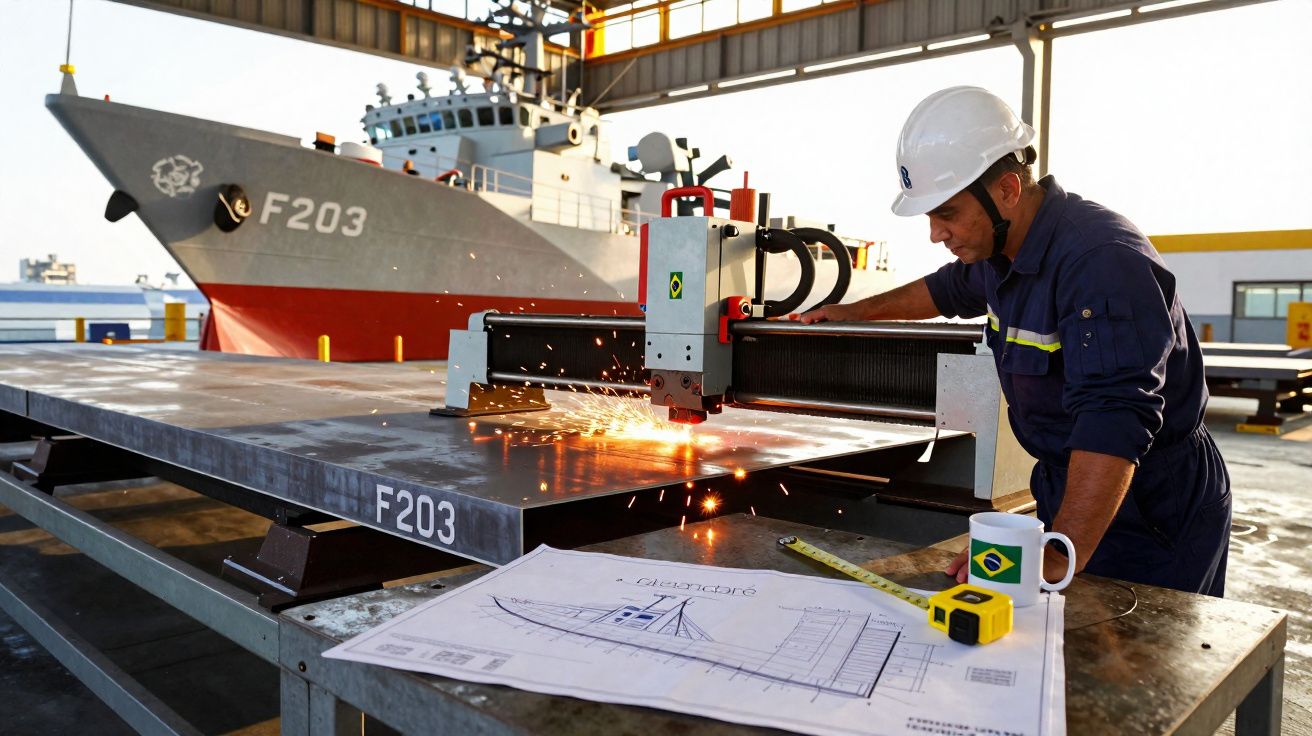 Trabalhador com equipamento de proteção a cortar chapa metálica numa oficina naval, com navio F203 ao fundo.