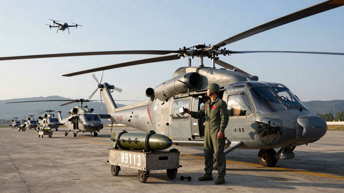 Soldado ao lado de helicóptero militar cinzento na pista com vários helicópteros alinhados e um drone no céu.