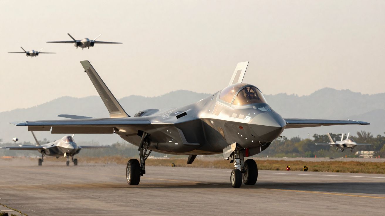 Caça furtivo F-35 a descolar e outros três no ar em pista com montanhas ao fundo.