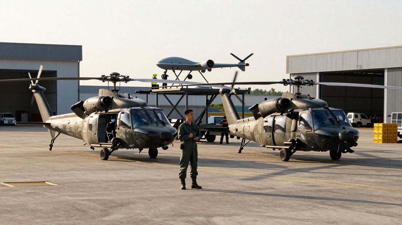 Helicópteros militares e drone no aeroporto com militar em uniforme verde a pé no meio.