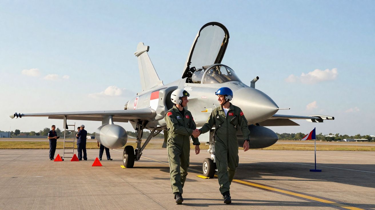 Dois pilotos militares apertam as mãos em frente a um caça estacionado numa pista de aeroporto.