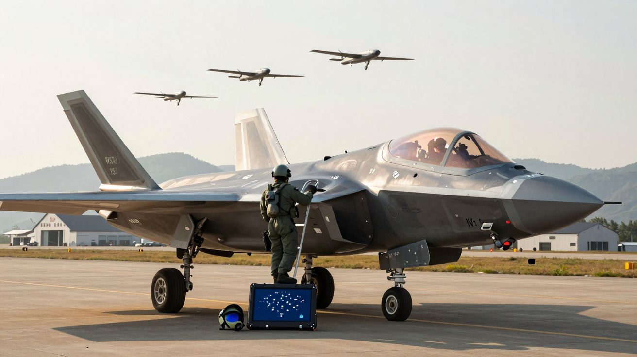 Avião de caça estacionado com piloto do lado de fora e quatro drones a sobrevoar ao fundo em pista aérea.