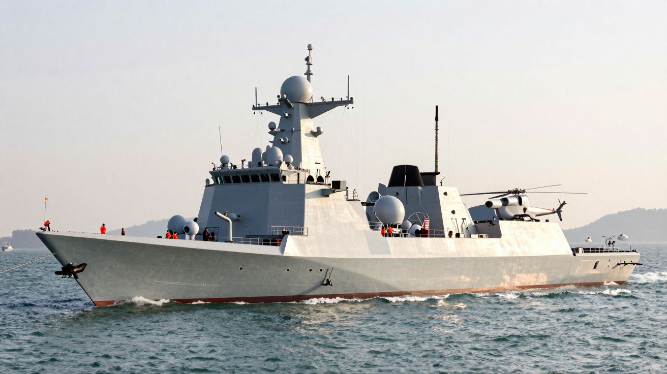 Navio militar cinzento com características modernas a navegar no mar calmo, com helicóptero no convés traseiro.