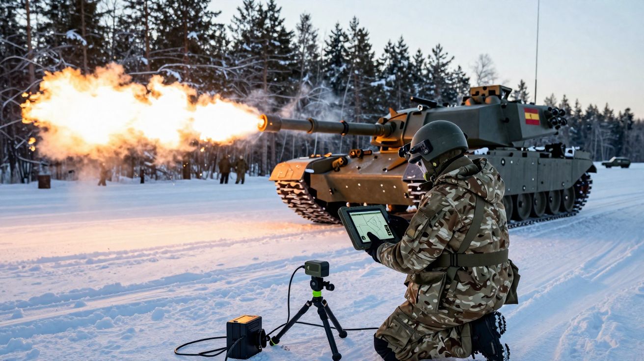 Soldado em camuflagem controla disparo de tanque em ambiente nevado com floresta ao fundo.