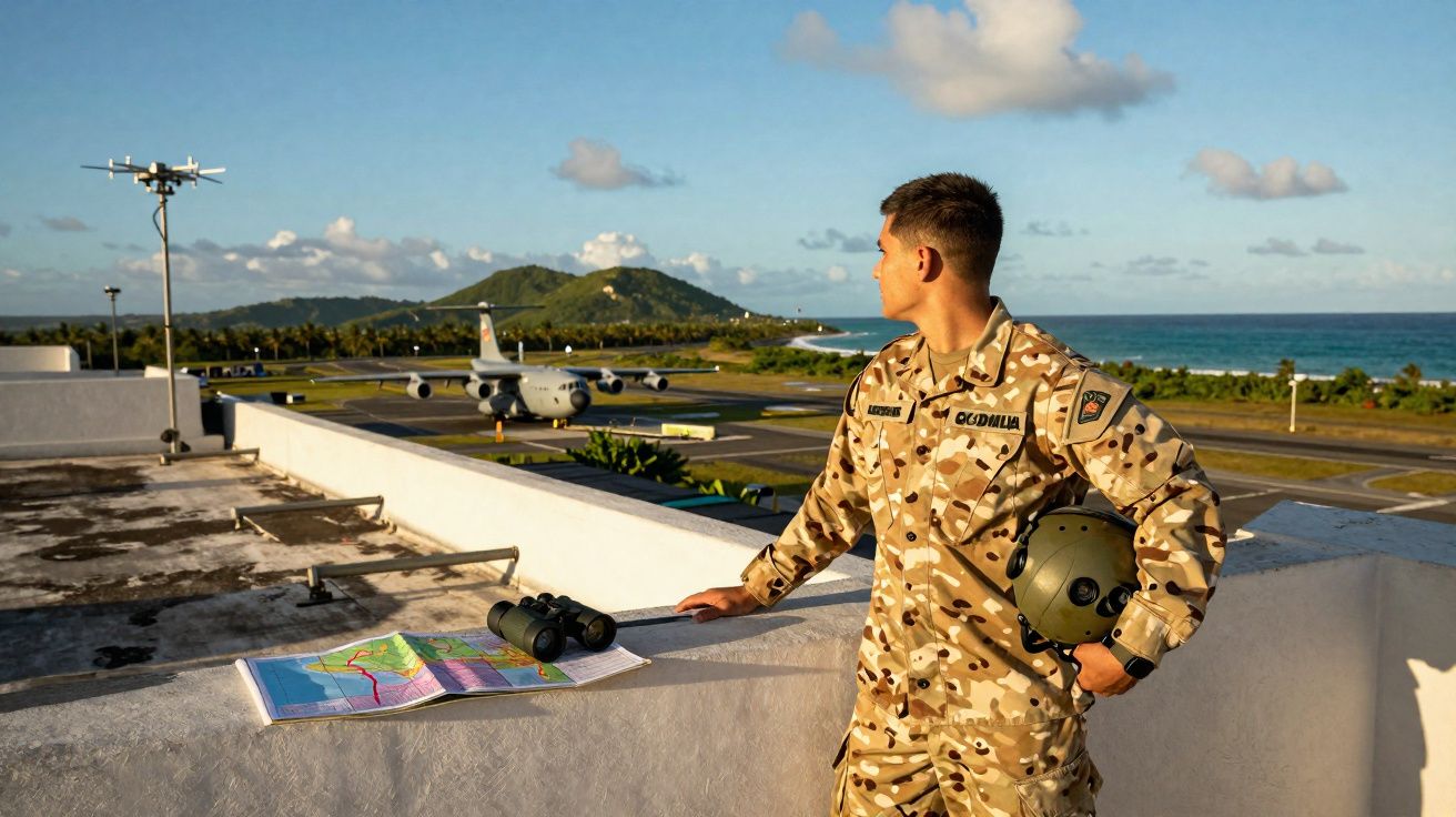 Militar em uniforme de camuflagem observa pista de aviação com avião, segurando capacete junto a mapa e binóculos.