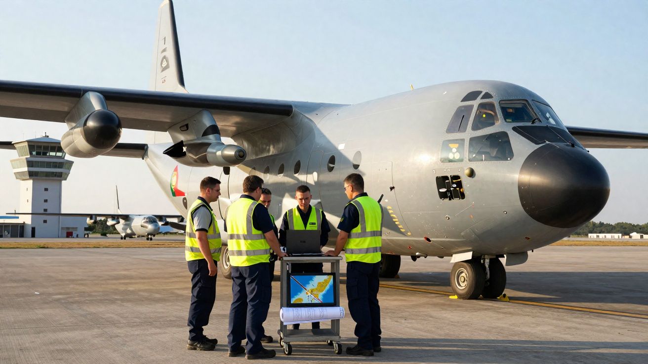 Cinco técnicos militares com coletes refletivos junto a um avião militar cinzento numa pista de aeroporto.