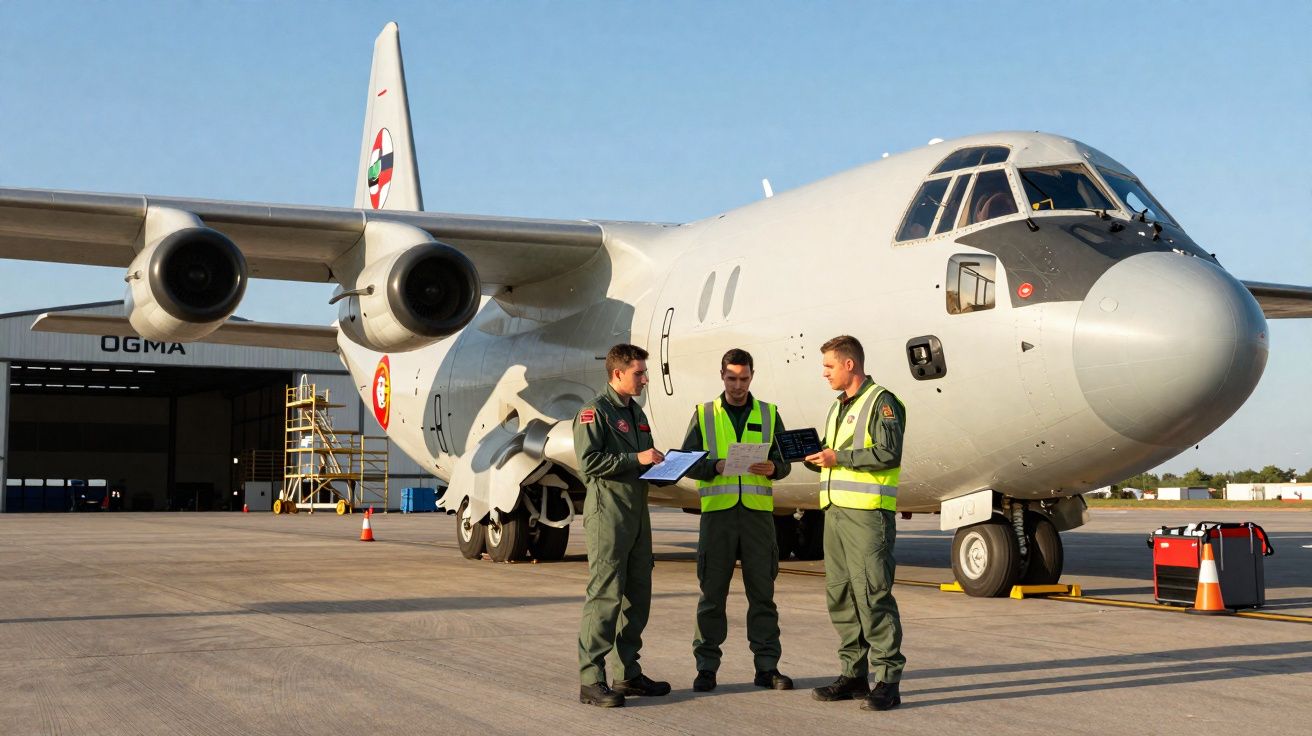 Três técnicos em uniforme junto a um avião militar branco numa pista de aeroporto ao ar livre.