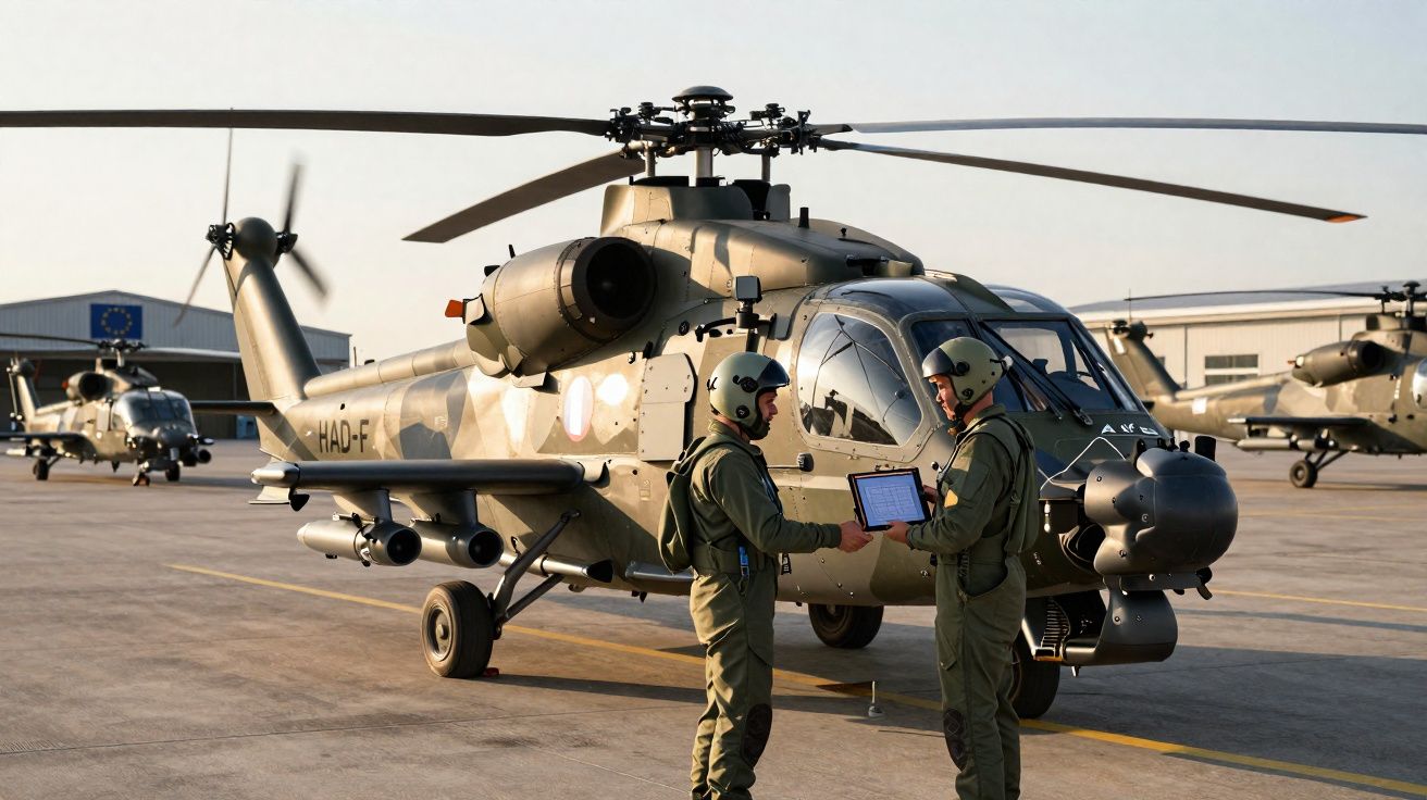 Dois soldados em uniforme militar junto a um helicóptero de ataque estacionado num pátio de base aérea.