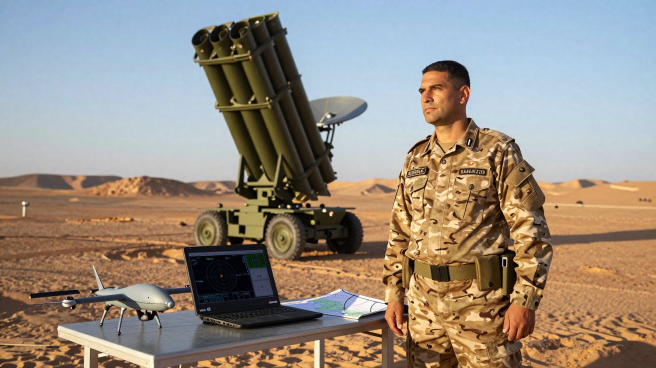 Militar em uniforme camuflado no deserto ao lado de equipamento militar, drone, portátil e mapas numa mesa.
