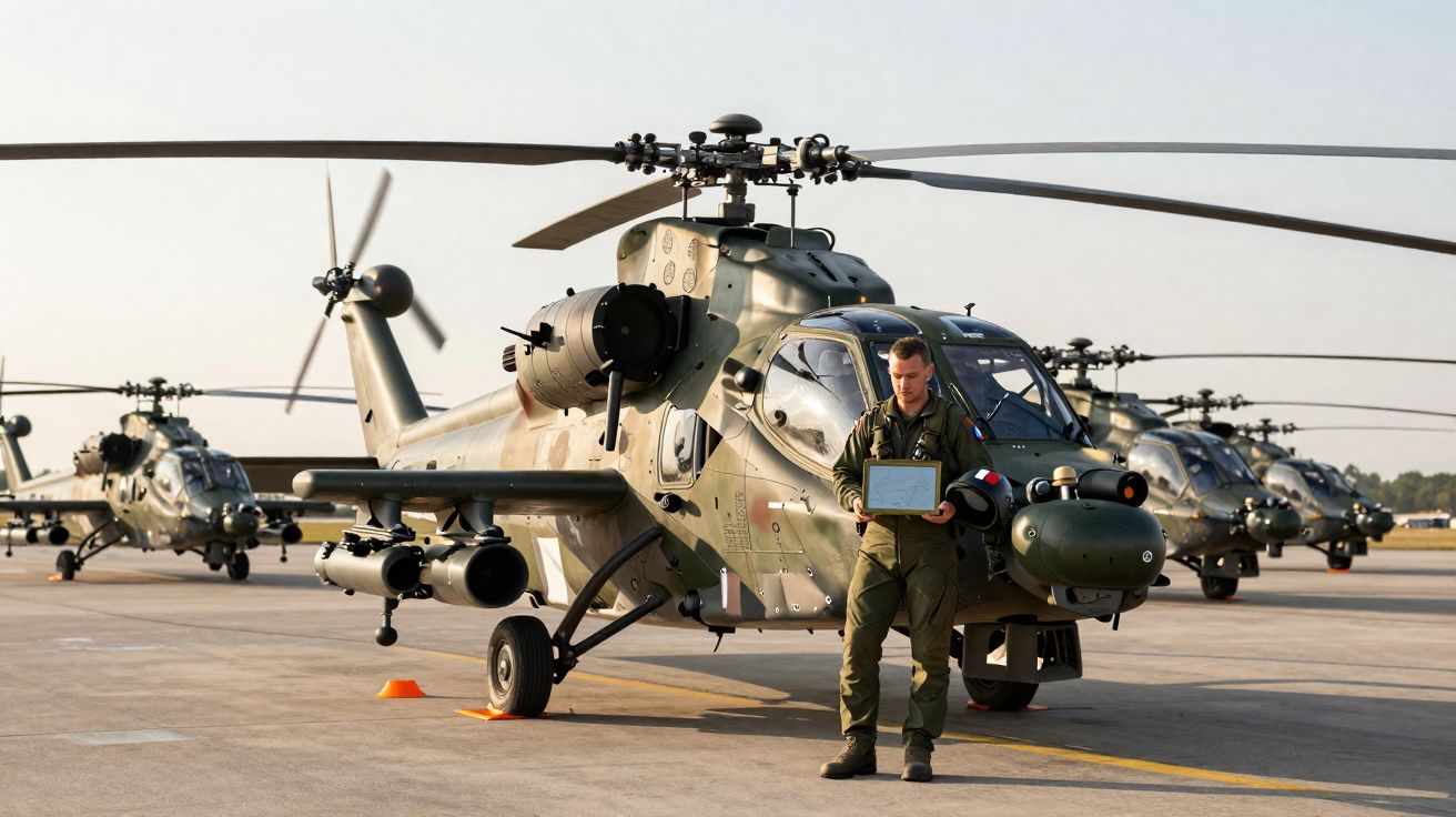 Piloto militar em uniforme junto a helicóptero de ataque estacionado em pista, com outros helicópteros ao fundo.