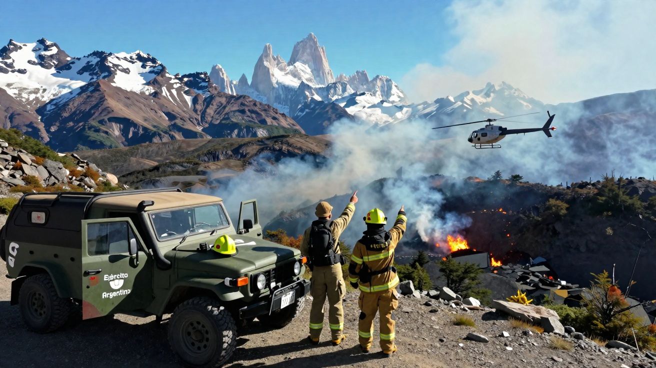 Soldados e bombeiros em colina observam helicóptero no combate a incêndio florestal nas montanhas com neve ao fundo.