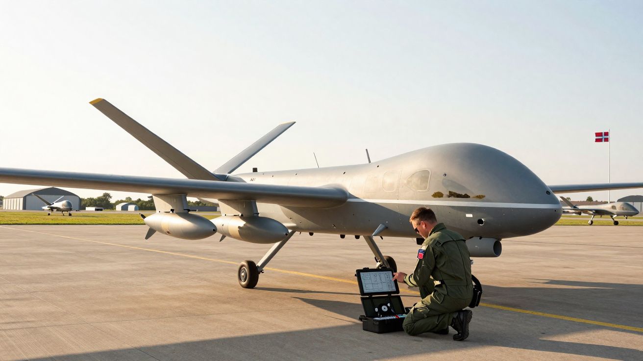 Homem em uniforme militar operando drone cinzento em pista de aeroporto ao ar livre.