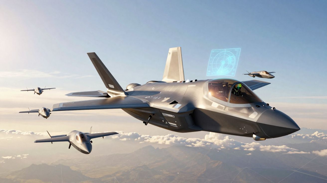 Formação de cinco jatos militares furtivos a sobrevoar montanhas sob céu limpo ao pôr do sol.