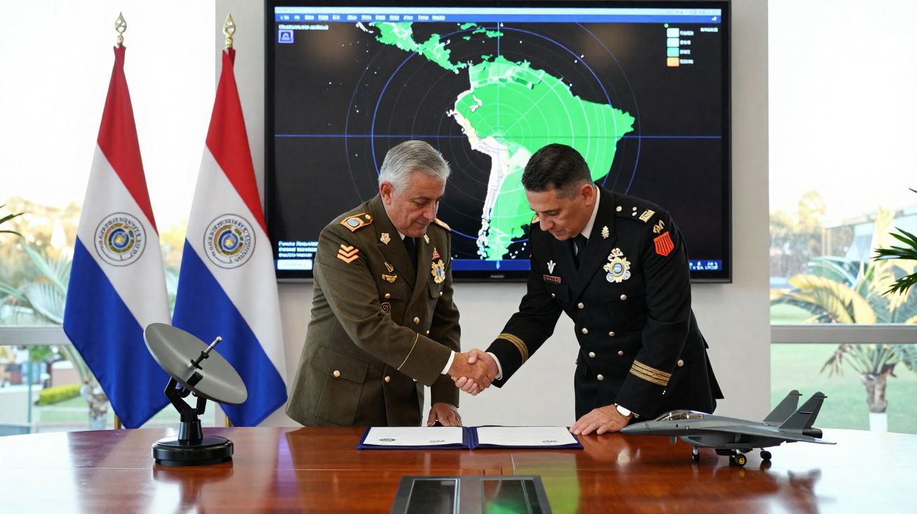 Dois militares apertam as mãos durante assinatura de acordo, com bandeiras do Paraguai e mapa da América do Sul ao fundo.