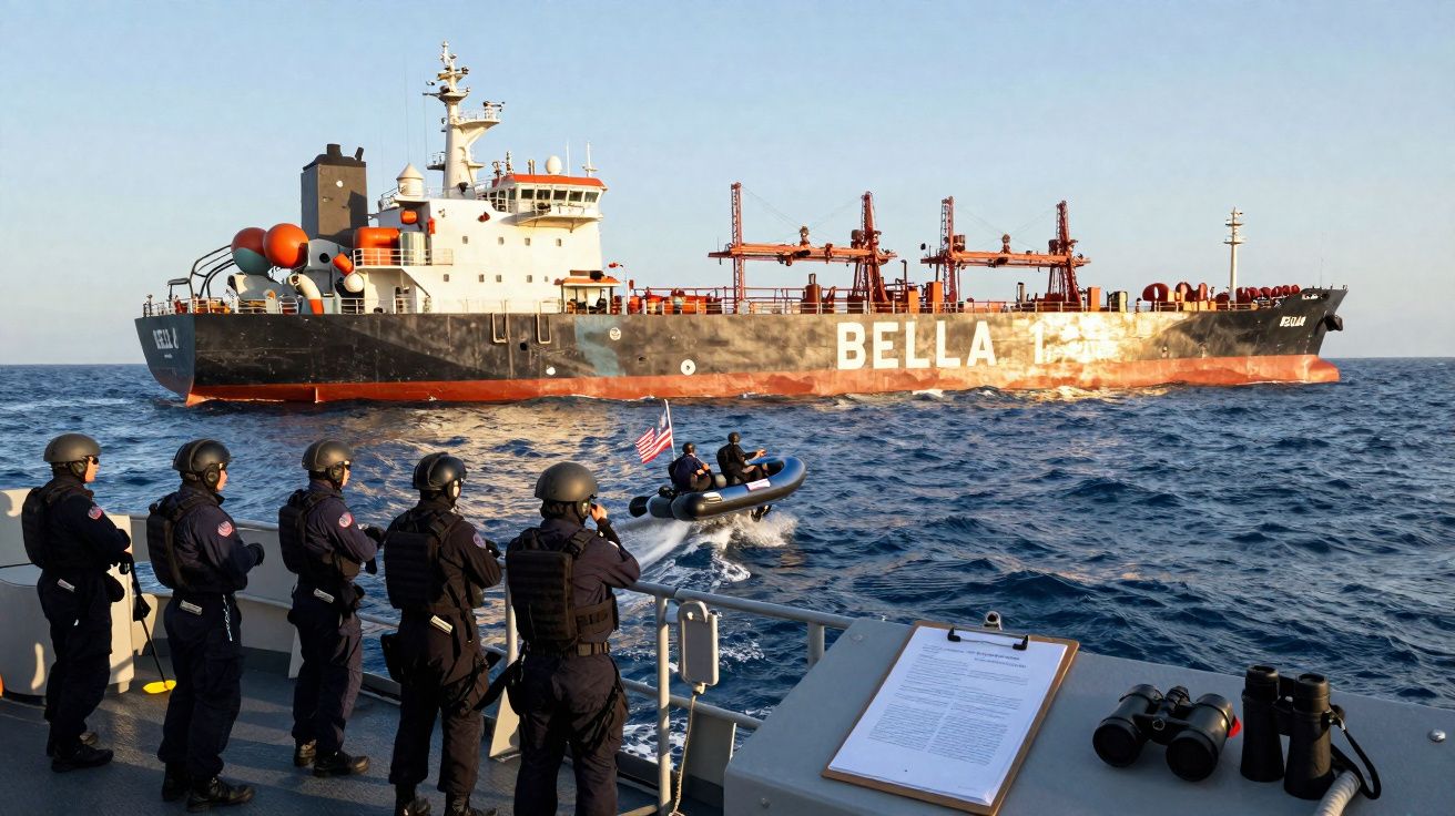 Forças de segurança numa embarcação observam um pequeno bote a aproximar-se de um navio chamado Bella.