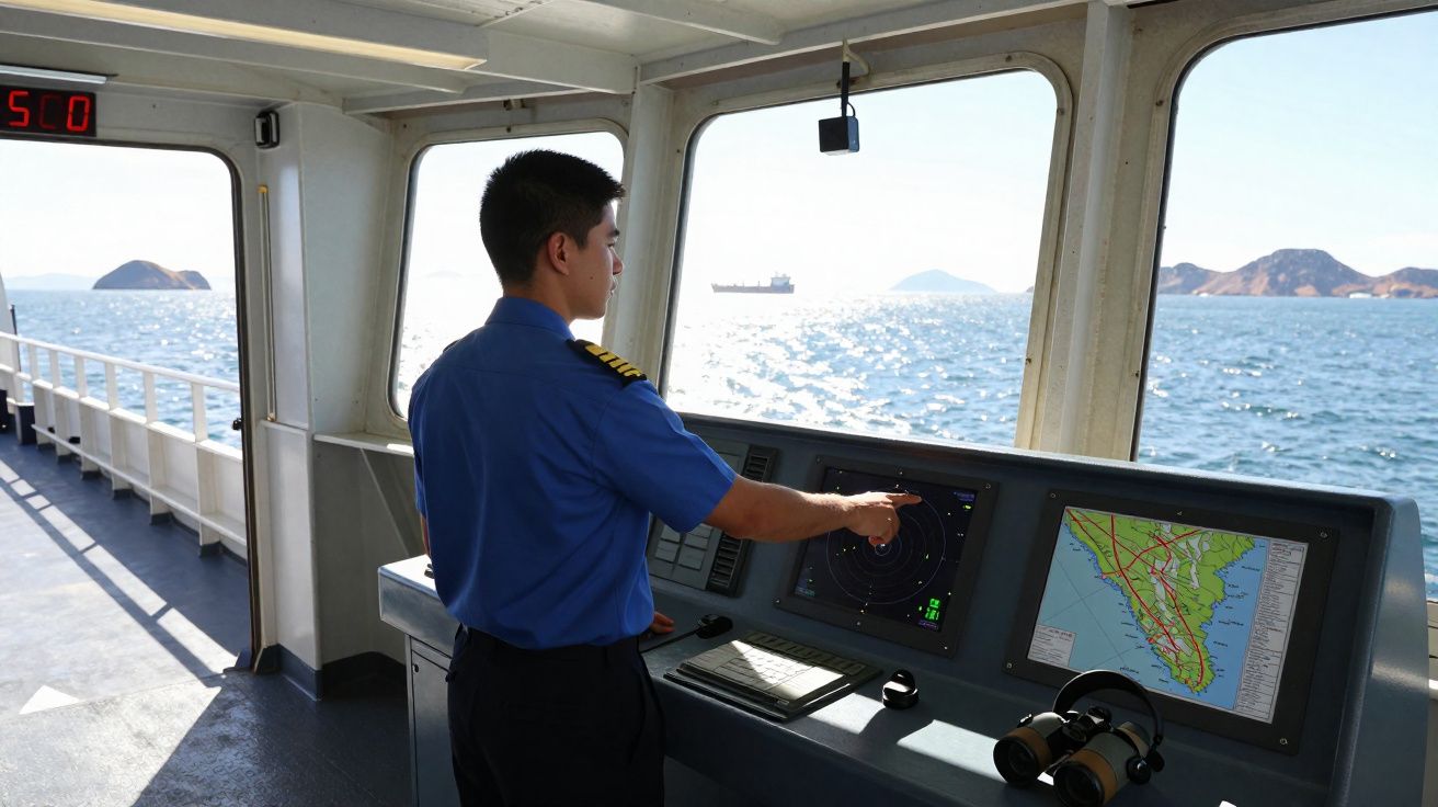 Homem em uniforme azul opera equipamentos de navegação numa ponte de comando de navio com vista para o mar.