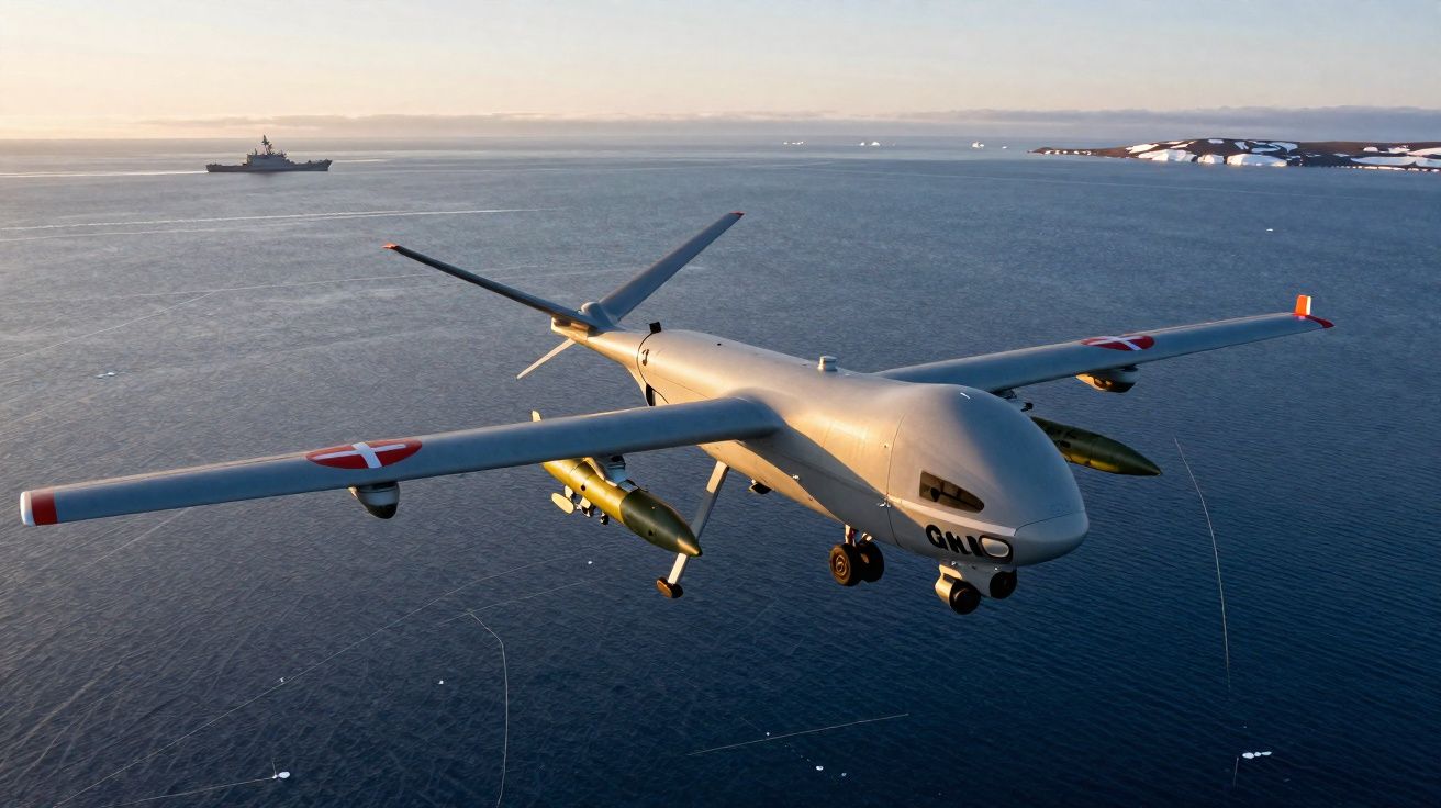 Drone militar armado voando sobre o mar perto de um navio de guerra ao pôr do sol.