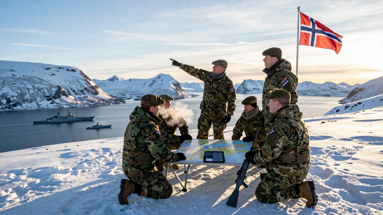 Militares noruegueses em uniforme de campanha reúnem-se na neve com mapa, perto de fiorde e embarcações, sob bandeira da Noru