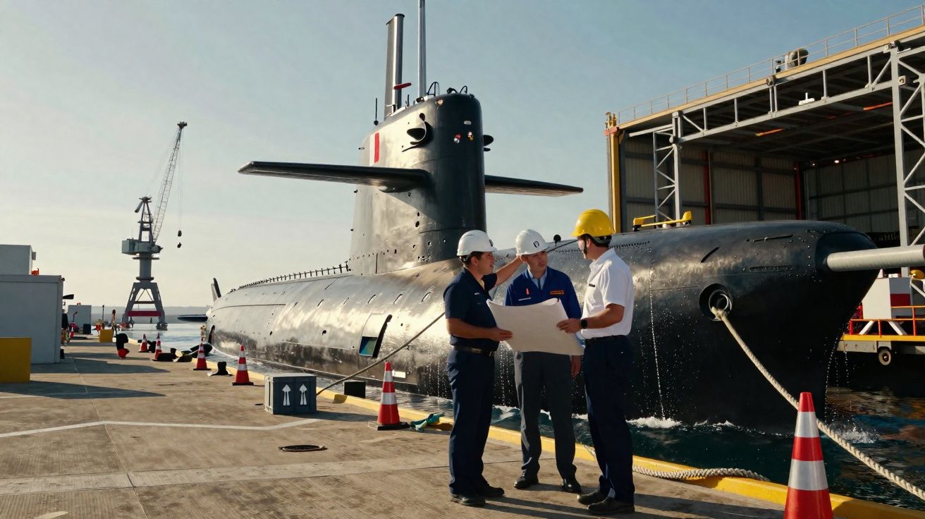 Três operários com capacetes revisam plantas junto a um submarino ancorado num cais industrial.