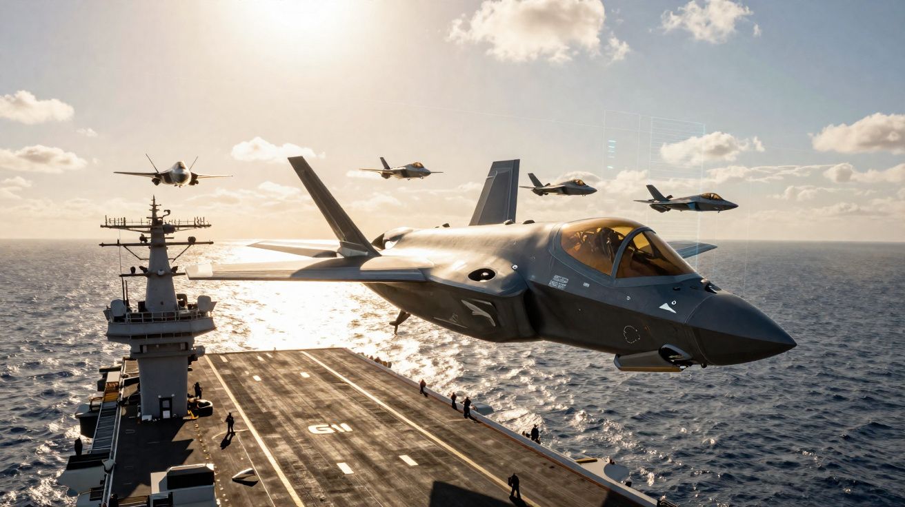 Porta-aviões no mar com cinco caças militares a voar sobre a ponte ao pôr do sol.