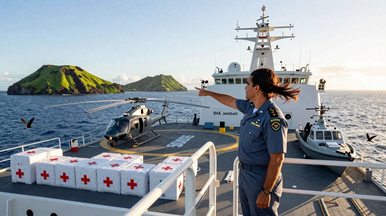 Homem em uniforme naval aponta para ilhas a partir do convés de um navio com helicóptero e caixas de ajuda humanitária.