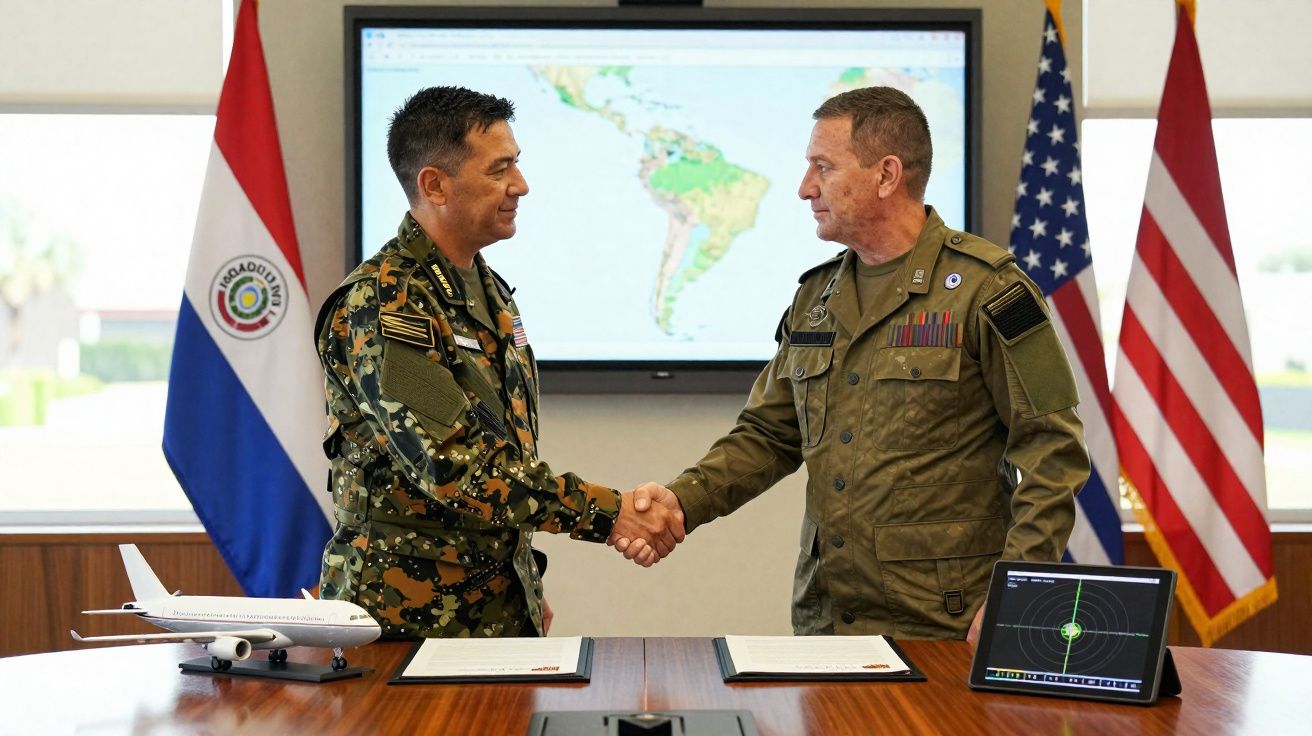 Militares dos EUA e Paraguai a cumprimentarem-se com bandeiras e mapa em fundo numa sala de reuniões.